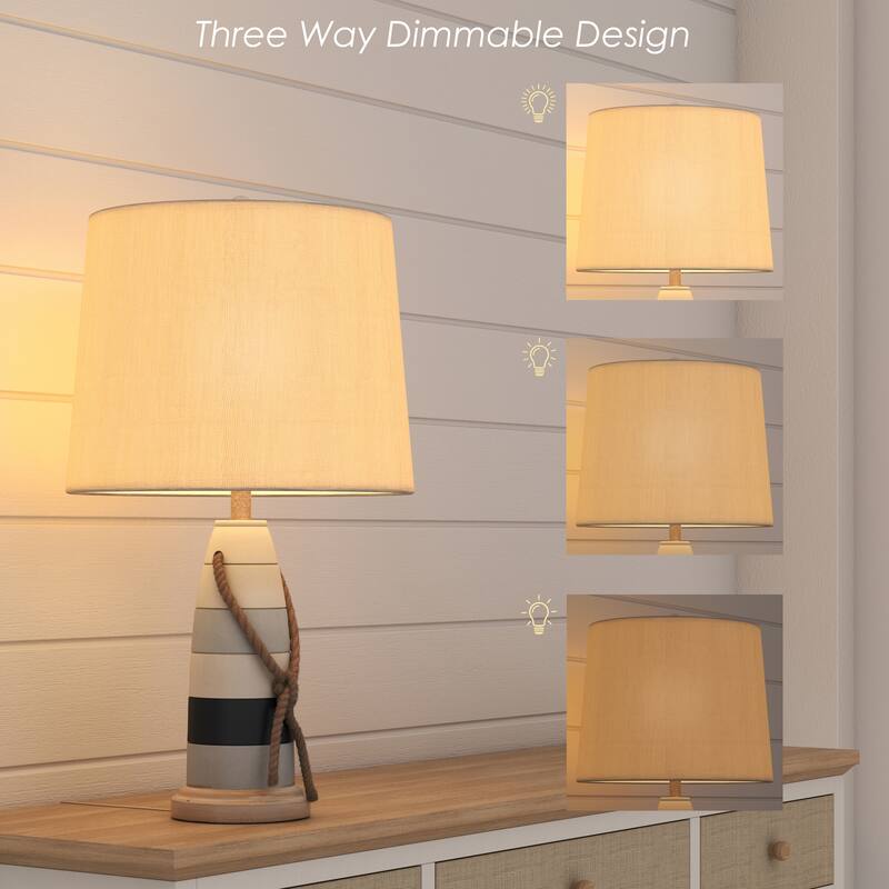 Lux Lighting Buoy, 27" Poly Coastal Table Lamps White and Blue (Set of 2) 3-Way Switch