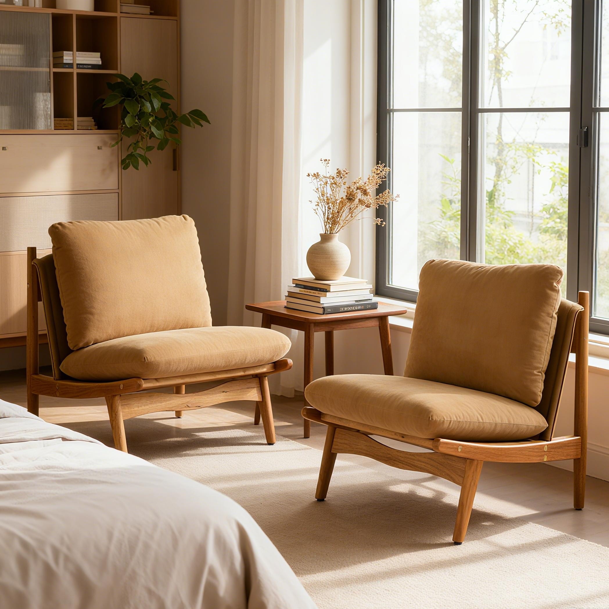 Set of 2 Armchairs Lounge Chair with Wood Frame, Rustic Accent Chair Mocha Natural Reading Chair Side Chair