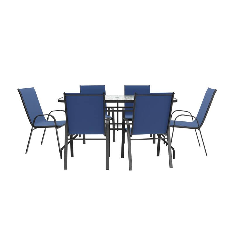 7-Piece Rippled Glass Outdoor Patio Table and Stacking Chairs Set