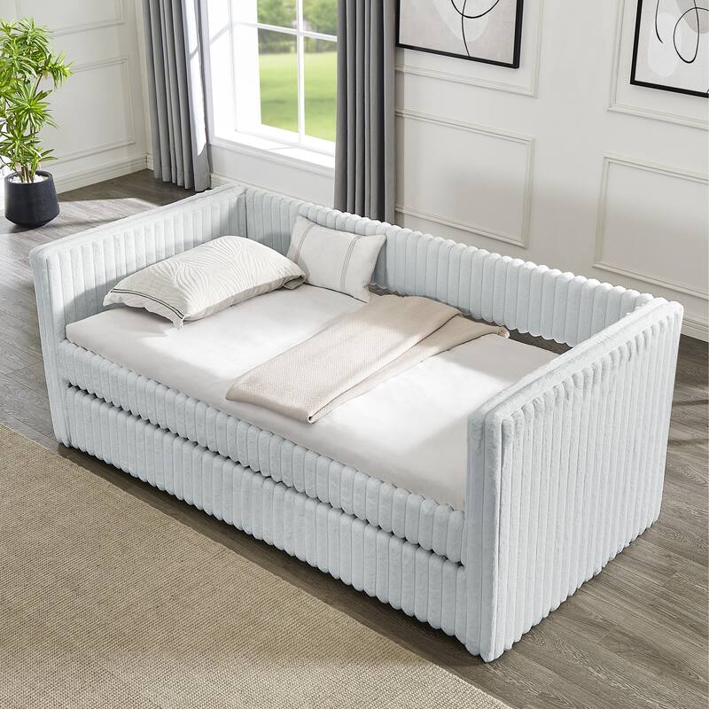 Twin Upholstered Daybed with Pull-Out Trundle, Modern Striped Corduroy Fabric Sofa Bed with Armrests, Space-Saving Sleeper