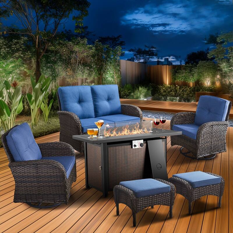 Pocassy Outdoor Fire Pit Conversation Sofa Set - Brwon Wicker Blue Cushion - 7PCS Fire Table w/ Loveseat Swivel Chair Ottoman