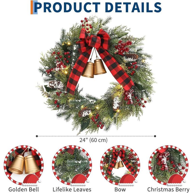 24 Inch Lit Christmas Wreath with Bells & Bow for Front Door, Window, Indoor