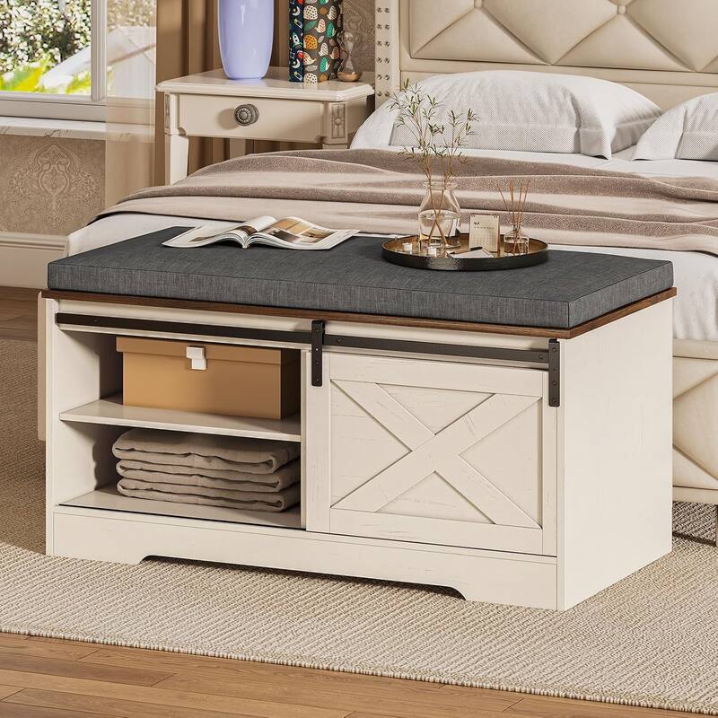 Storage Bench with Cushion Adjustable Shelf Shoe Rack Cabinet - 40.1"