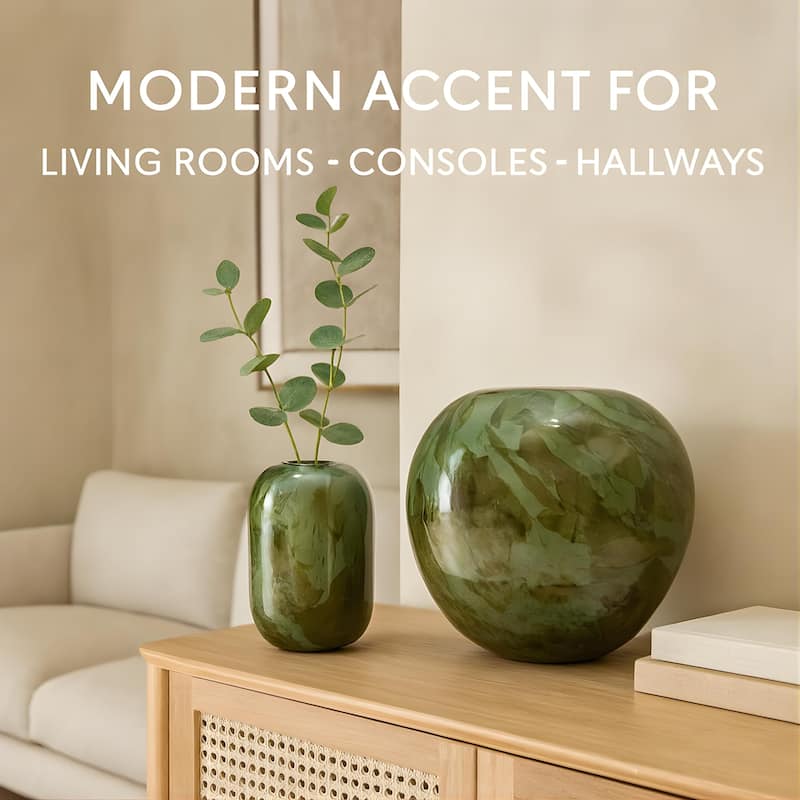 Aria Home Green Handblown Round Glass Vases Set of Two with Abstract Design