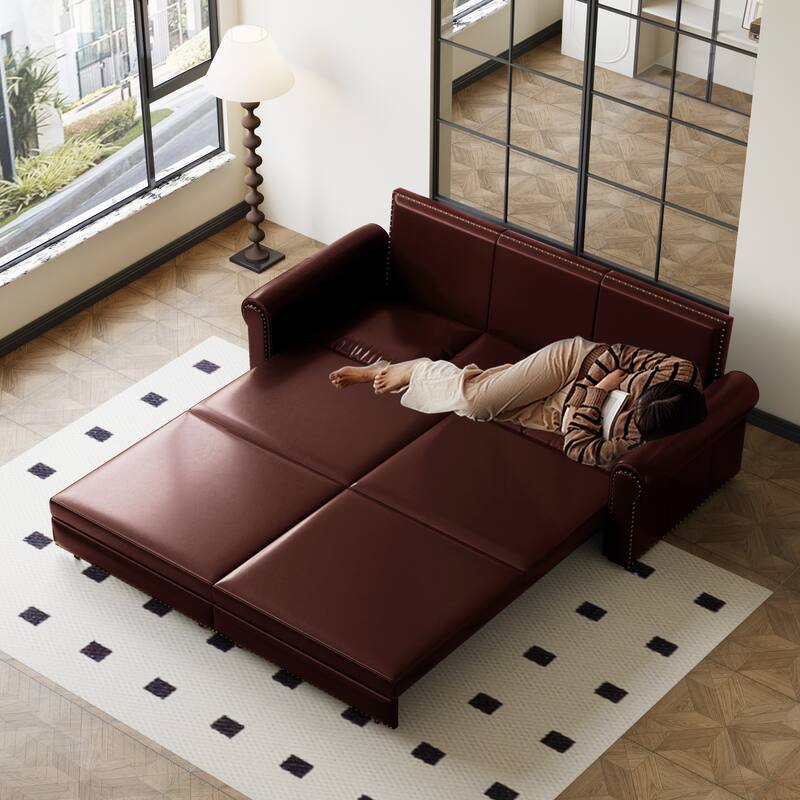 Chesterfield Sofa, 93.7" Faux Leather Convertible Sleeper Sofa Bed, Vintage 3-in-1 Pull Out Couch w/ Nailhead Trim & Rolled Arms