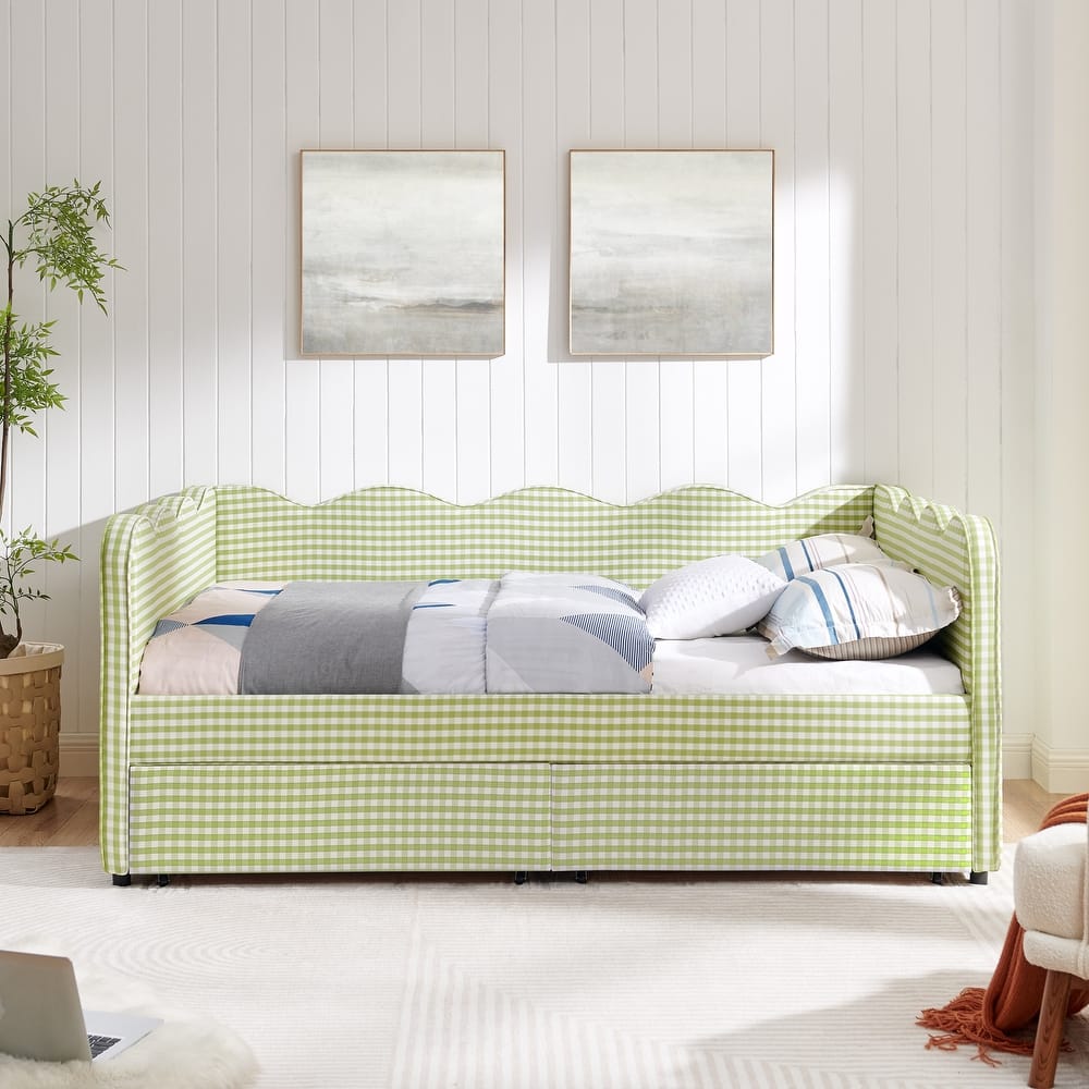 Full/Queen Gingham Daybed with 2 Storage Drawers, USB Port & Wave Shaped Linen Fabric