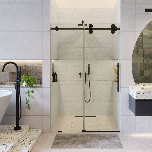 slide 2 of 6, Fine Fixtures Frameless Clear Sliding Bathroom Shower Door 48" x 75" - Single - Black