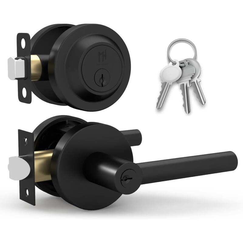 Mega Handles RONN Modern Door Handle with Deadbolt – Front Door Keyed Flat Entry Lever & Round Single Cylinder Lock Set - Black