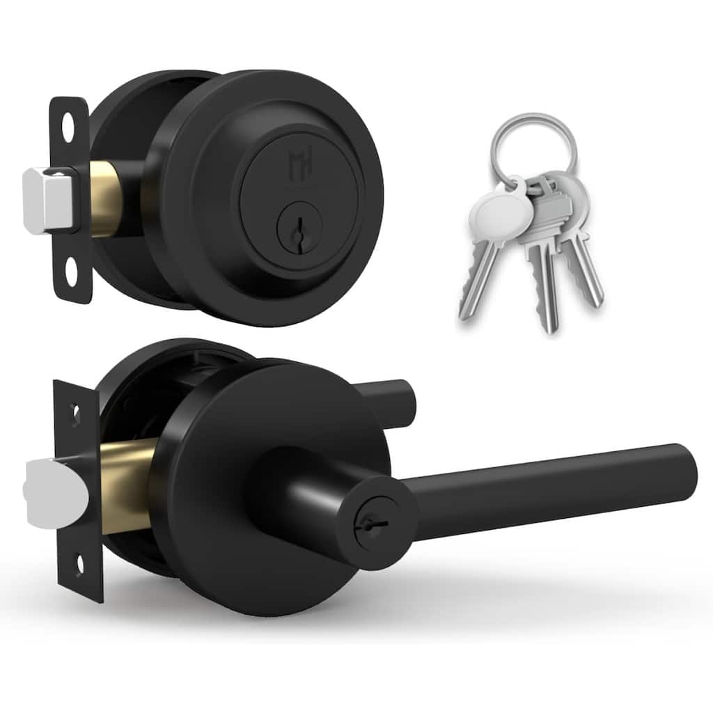 Mega Handles RONN Modern Door Handle with Deadbolt – Front Door Keyed Flat Entry Lever & Round Single Cylinder Lock Set