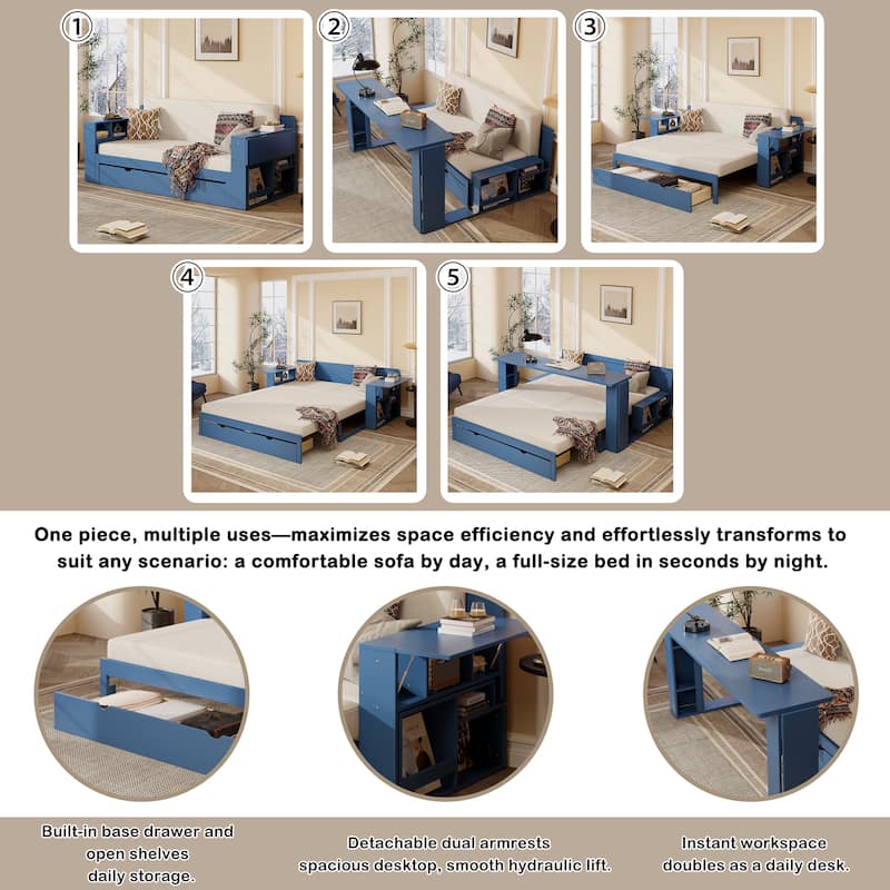 Full Size Daybed with Removable Desk, Storage Drawers & Hydraulic Side Table