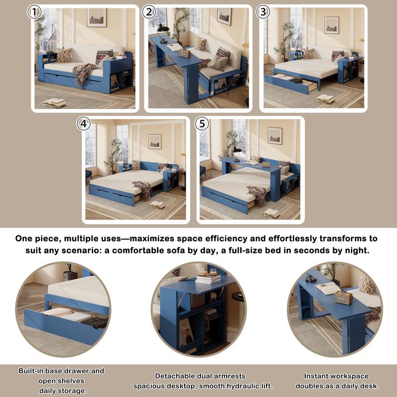 Roomfitters 4-in-1 Full Size Daybed with Desk, Storage Drawers and Hydraulic Table