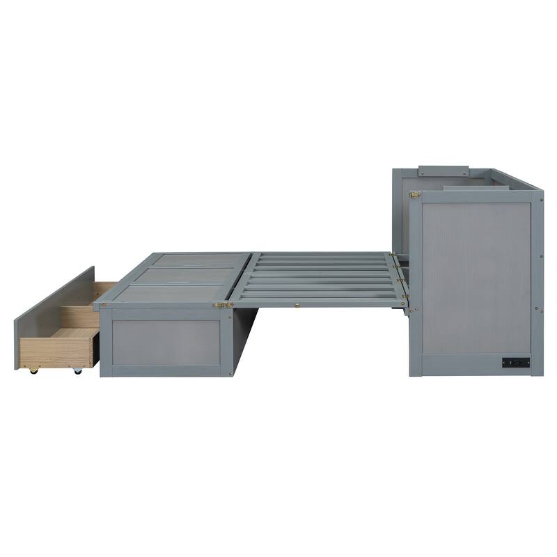 Queen Size Murphy Bed with USB Port and Large Drawer, Space-Saving Design, No Box Spring Needed, Espresso Finish