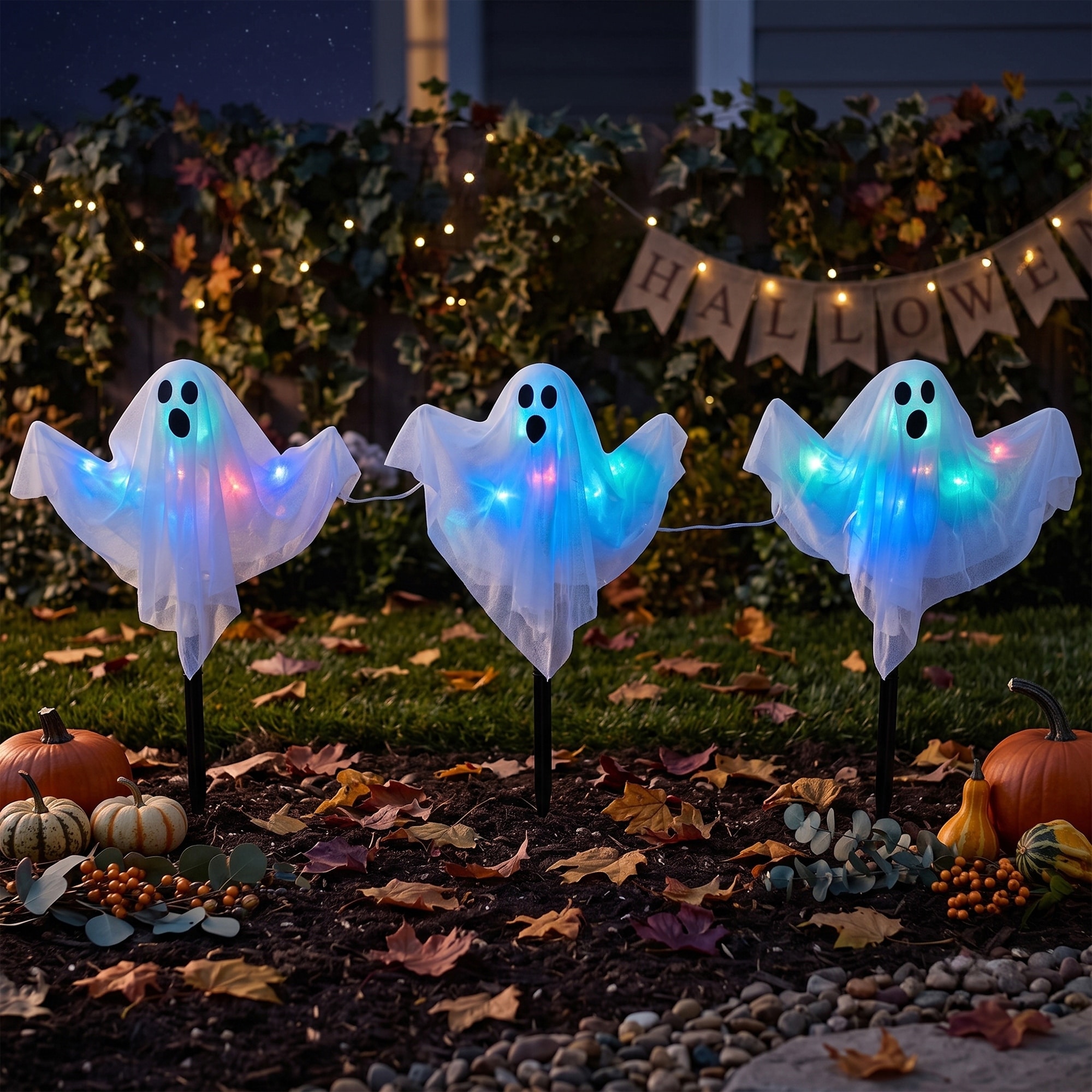 LED Color Changing Ghost Halloween Lawn Stakes 20" Multicolor Set of 3