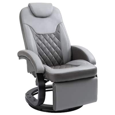 Grey PU Leather Recliner Chair with 360 Swivel Manual Recline Footrest Cup Holders and Side Pockets for Living Room