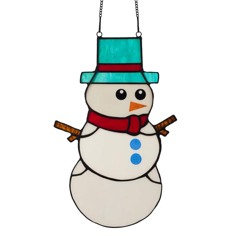 River of Goods 12-Inch Holiday Snowman Stained Glass Window Panel - 7.5" x 0.25" x 12" - Multi