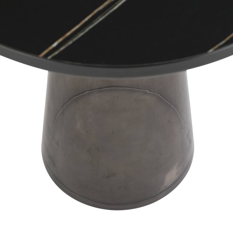 19-Inch Side Table Round Glass/Stone Tabletop End Table with Black Iron Rim and Glass Base