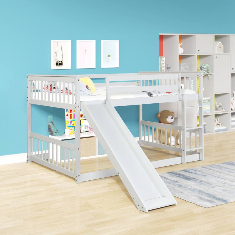 White Full Over Full Bunk Bed with Slide and Ladder, Sturdy Pinewood Frame