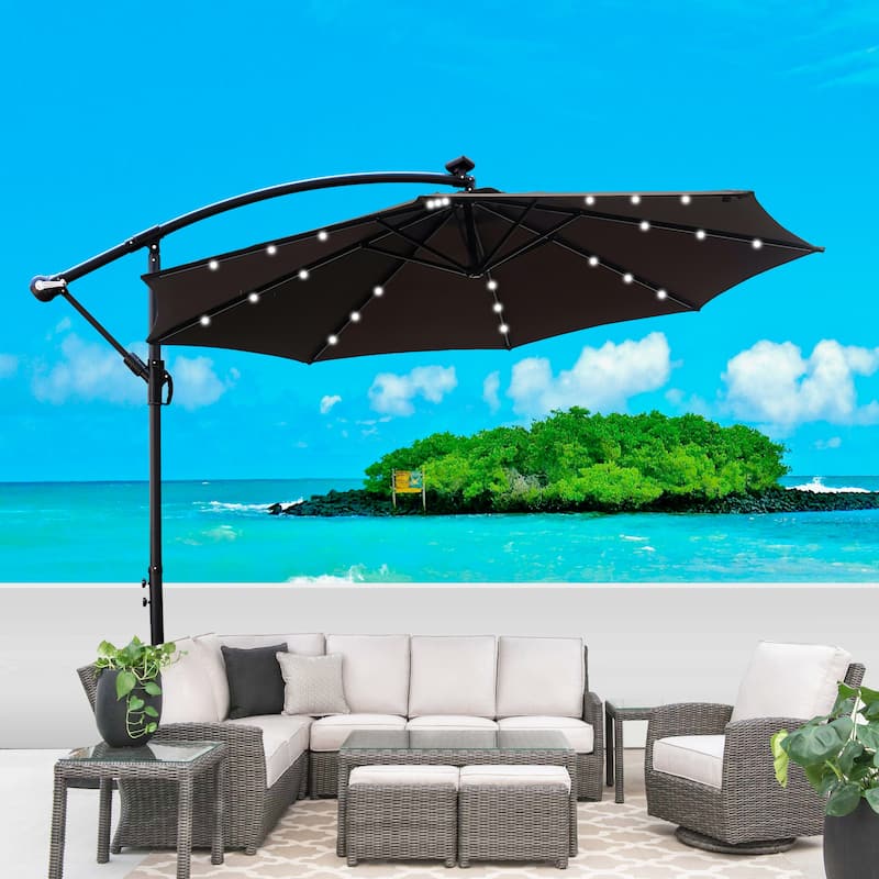 10ft Solar LED Patio Umbrella with Crank, Waterproof Sun Shade for Garden, Pool & Deck - Brown