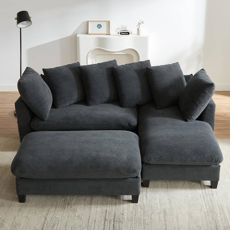 83" L-shaped Sectional Sofa with Storage, Ottoman, Pillows, Black Chenille Upholstery