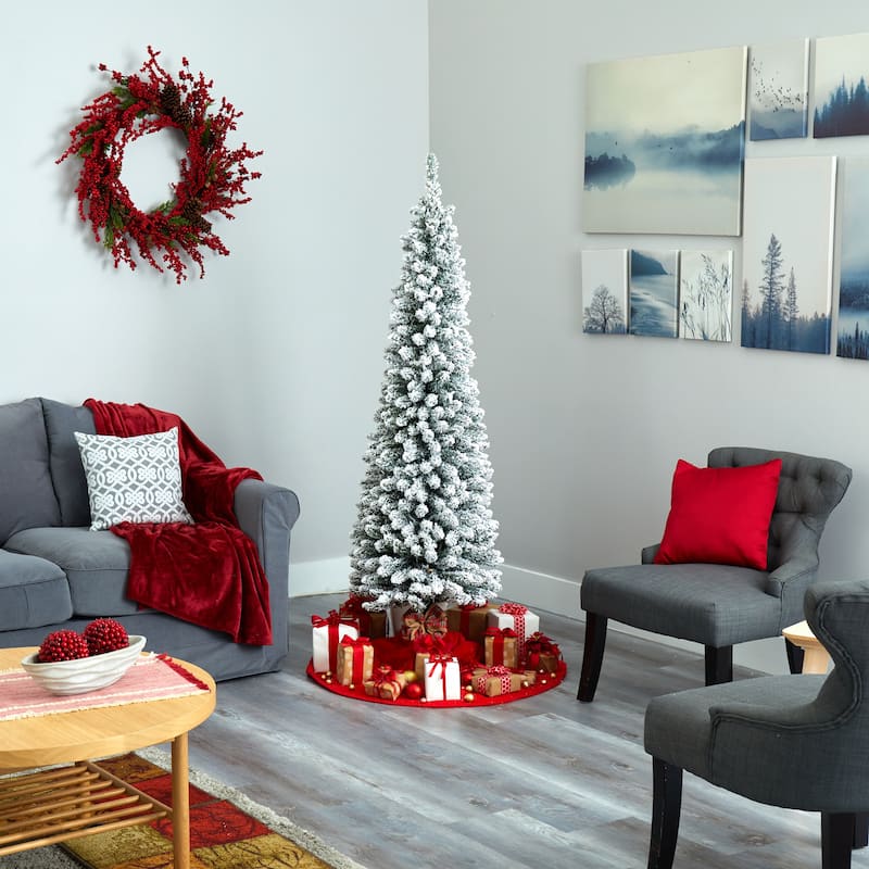 6’ Pre-Lit Pencil Slim Flocked Artificial Christmas Tree, Warm Clear LED Lights - 6 Foot