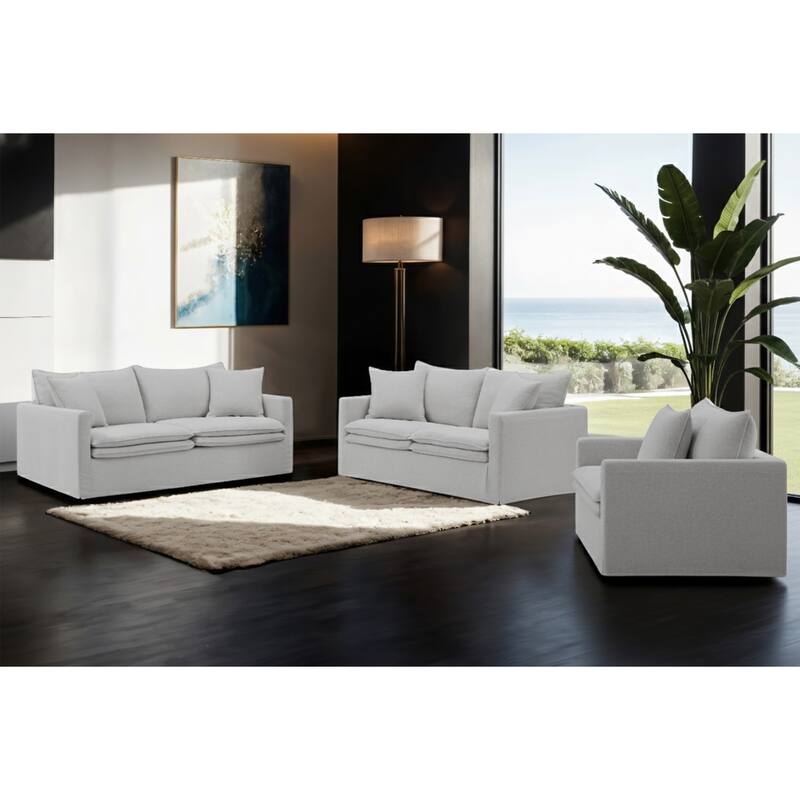 Furniture of America Caspian 3-Piece Light Grey FSC & OEKO TEX Linen Sofa Set with Feather Blend Cushions - Light Grey