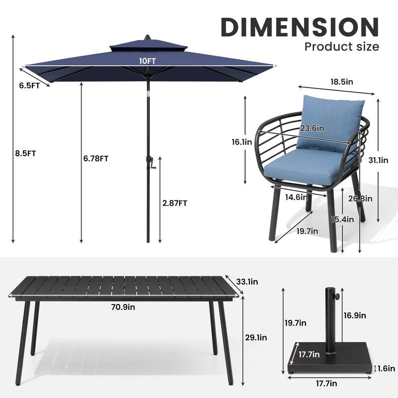 9/11-PieceOutdoor Patio Dining Set with Sunbrella Cushions Aluminum Dining Table and Chairs w/10 ft Umbrella and Base
