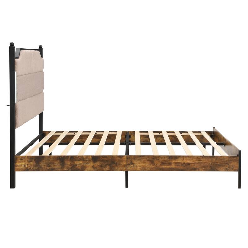 King Bed Frame, Upholstered headboard with Charging and Touch sensitive LED Lights, Under Bed Storage, No Box Spring Needed