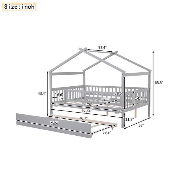 Full House-Shaped Daybed with Trundle, Wooden Platform Bedframe w/Roof ...