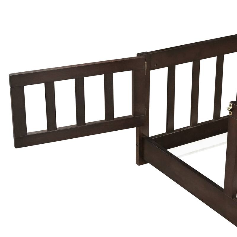 Full Size Floor Bed with Fence and Door,Rubber Wood Floor Bed with Safety Guardrails