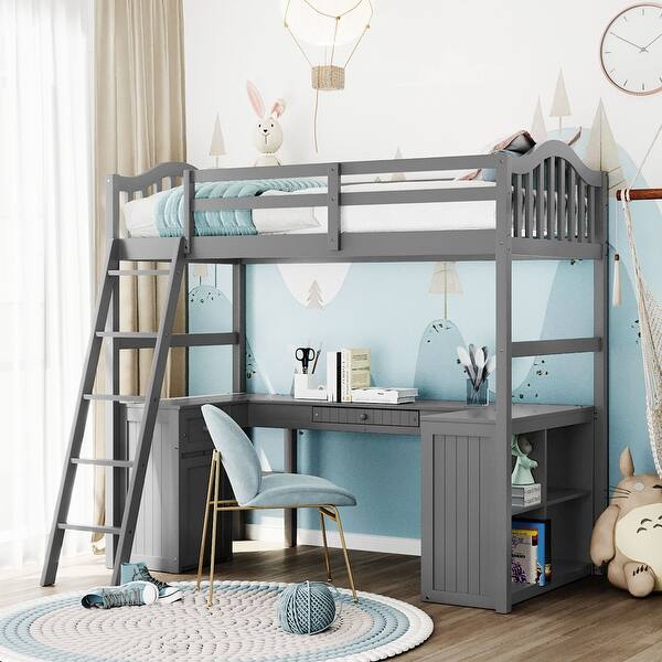 slide 2 of 11, Twin Size Loft Bed with Drawers, Pine Wooden Bed with Cabinet, Platform Bed with Shelves, Kid's Bed with Desk, Gray Grey