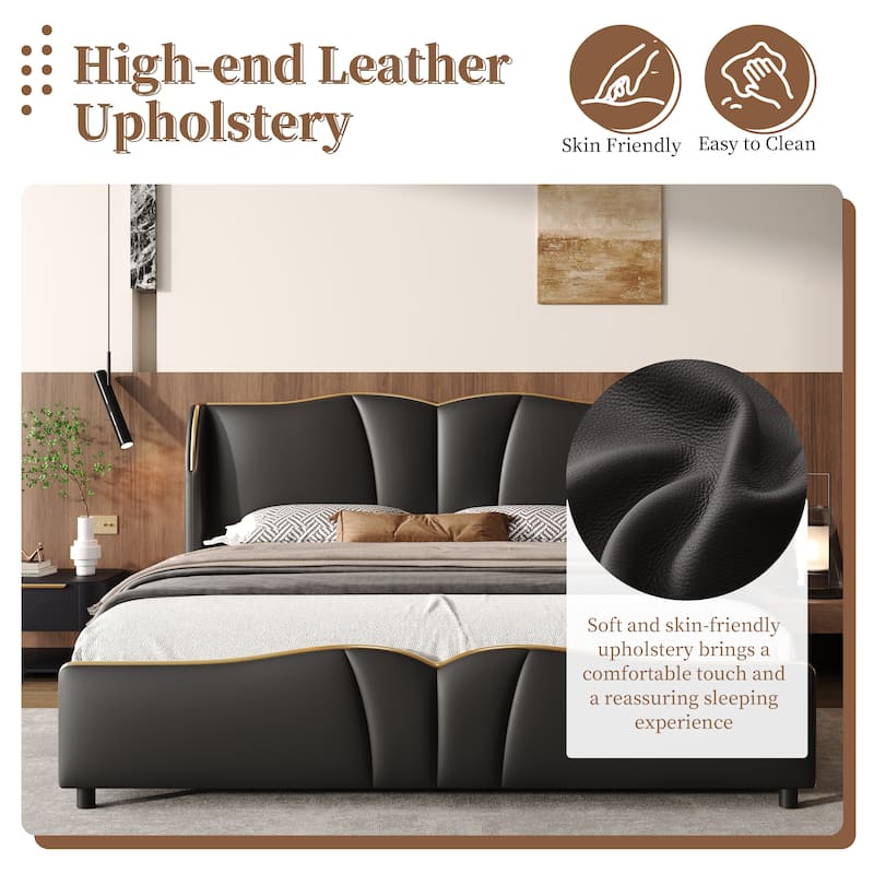 Christopher Knight Home - Emerson Modern Leather Upholstered Bed Frame with Wingback Headboard and Wavy Footboard