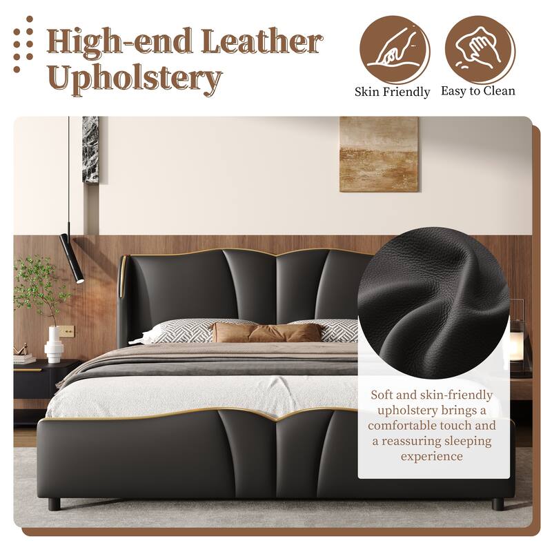 Modern King Size Upholstered Bed Frame with Wingback Headboard & Wavy Footboard, No Box Spring Needed, Black