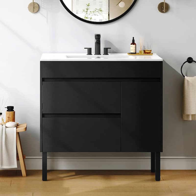 Moasis 36 Inch Freestanding Bathroom Vanity with Ceramic Sink 1 Cabinet and 2 Drawers - Black