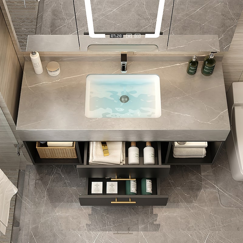 39-Inch Modern Solid Wood Floating Dresser with Ceramic Sink 2 Drawers and Shelves Pre-Installed Black