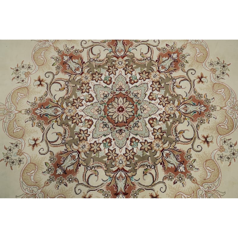 Traditional Tabriz Turkish Area Rug Machine-Made Beige Floral Carpet - 9'7" x 13'5"