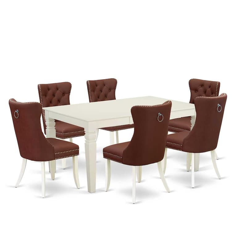 7 Piece Dining Set - Rectangle Table with Leaf & 6 Burgundy Chairs - Linen White Kitchen Set