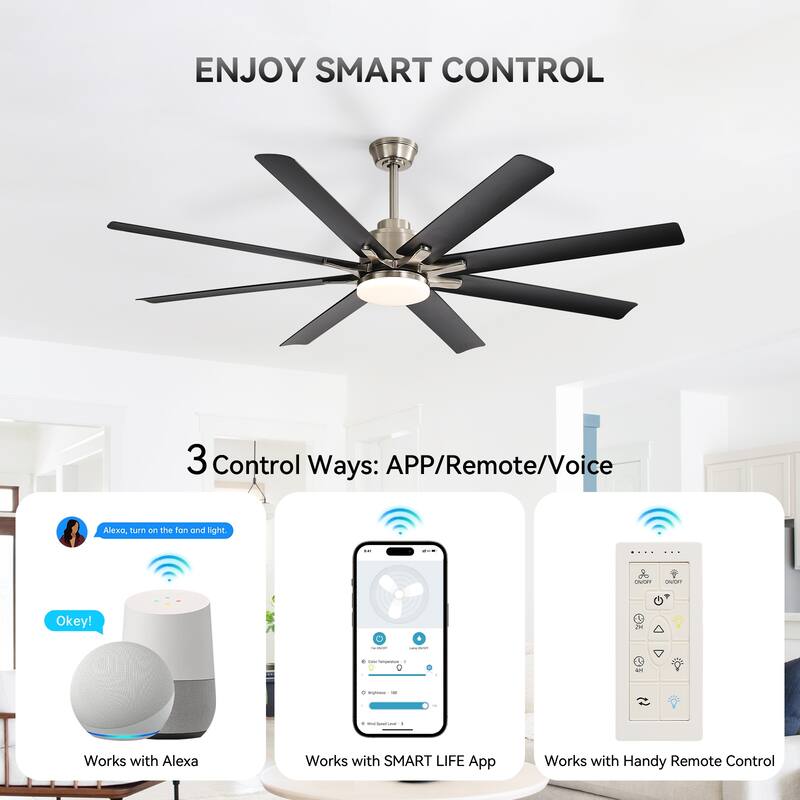 Modern Ceiling Fan With Light Smart Life APP Remote Control Timer For Alexa Google Bedroom Farmhouse - 52inch - Nickel - Black