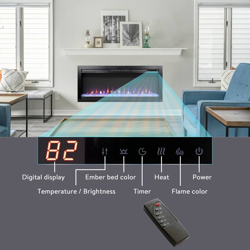 44-Inch Recessed Electric Fireplace with 8 Flame & Ember Bed Colors, Remote, and 5000 BTU Heater, CSA/UL Certified