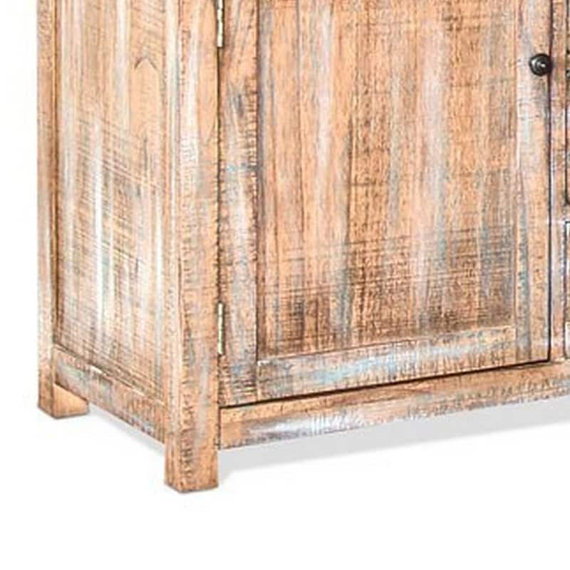 Rany TV Console, 60Wx36H Light Brown Mahogany, 5 Shelves, 3 Drawers