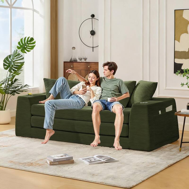 2 in 1 Convertible Sofa Bed, Sleeper Sofa with Storage Pockets, Pull Out Loveseat Couch with Two Cup Holders