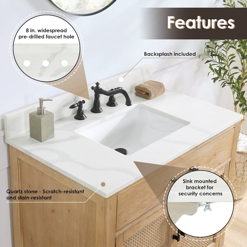 Altair Arbios Calacatta White Quartz Stone Vanity Top in 8 in.Widespread Faucet Hole Without Cabinet