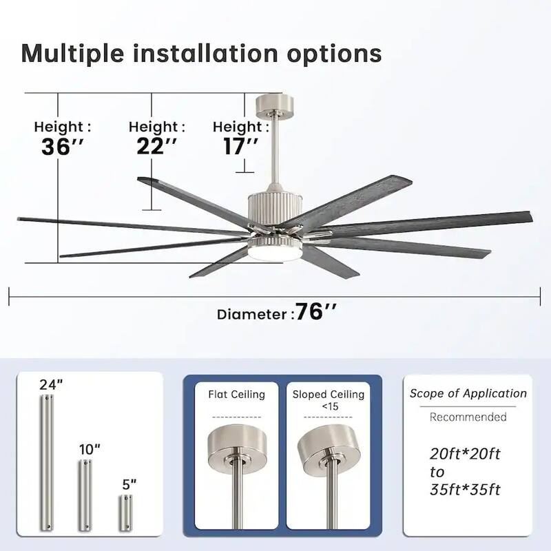 76'' Industrial Ceiling Fans with Lights Indoor/Outdoor Smart Ceiling Fan APP Control Reversible DC Motor 3CCT - 76 Inches