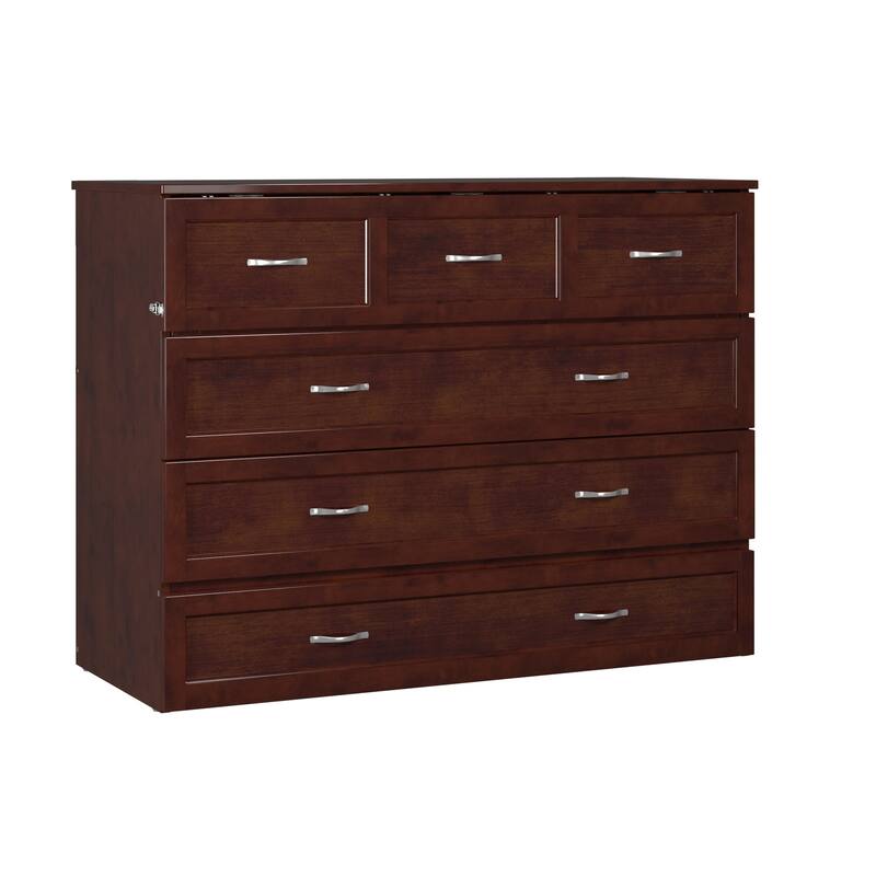 Murphy Bed Chest Full Walnut - Space Saving Bed with Charging Station & Mattress