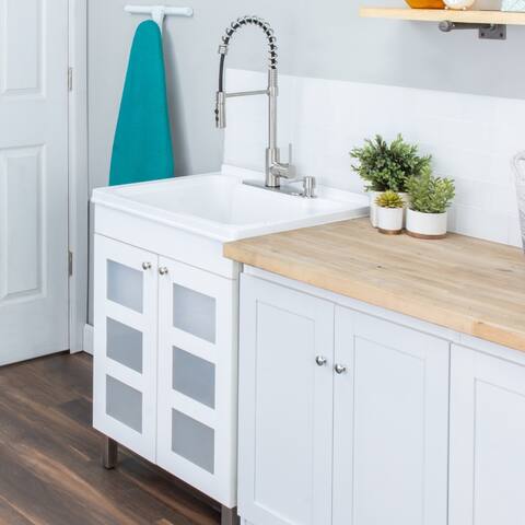 TEHILA White Utility Sink Cabinet, Coil Faucet, Soap Dispenser