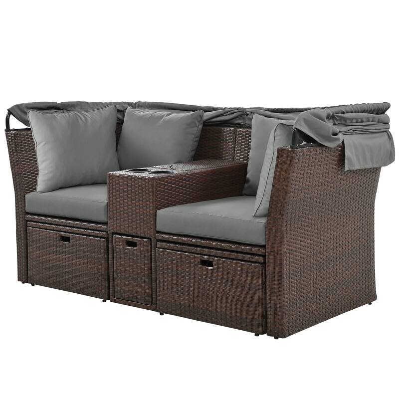 Outdoor Convertible Daybed Loveseat Sofa Set with Canopy & Console