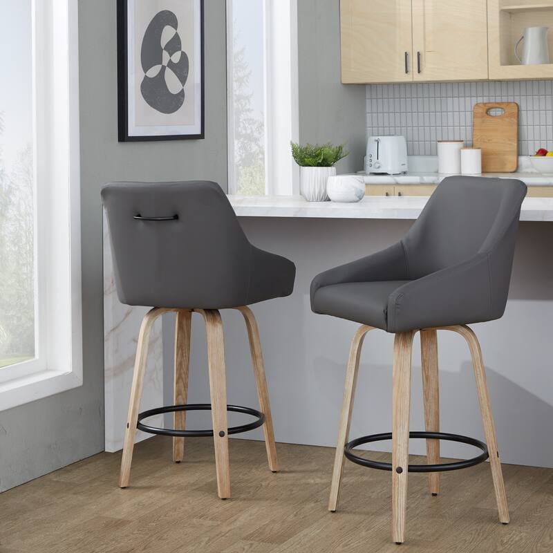 The Gray Barn Hadley 26" Fixed-Height Upholstered Counter Stool with Bent Wood Legs & Round Footrest (Set of 2)