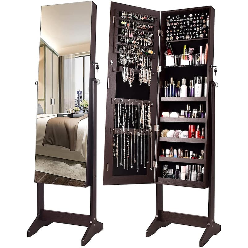 Lockable Mirrored Jewelry Cabinet Armoire - Brown