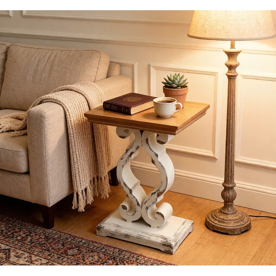 French Country Wood Rectangle End Table with Natural Wood Top