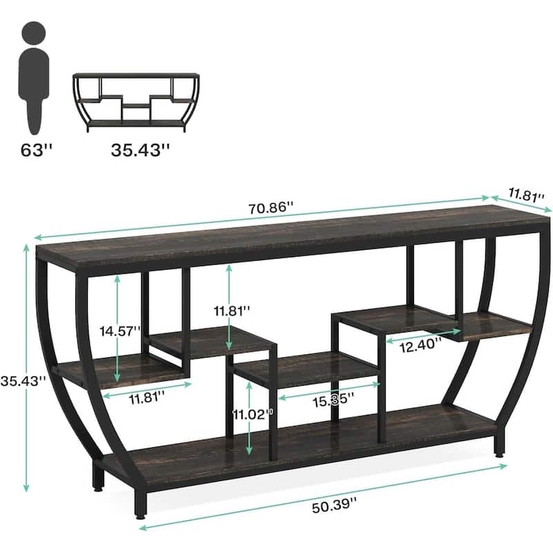70 Inch Industrial Sofa Table with Rustic Wood Shelves and Black Metal Frame for Living Room - 70.86’’W x 11.81" D x 35.43’’H