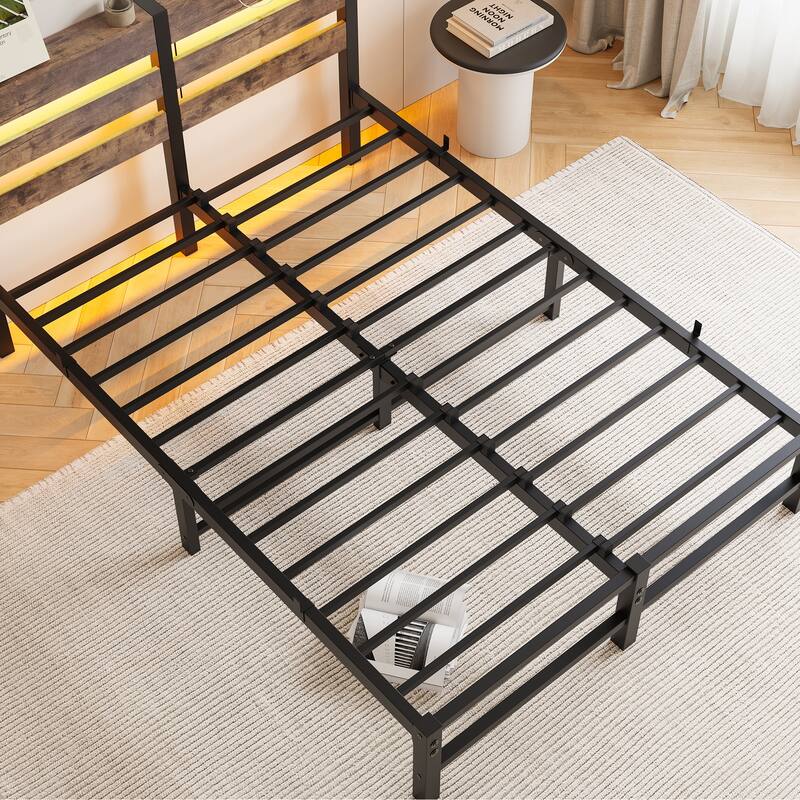 Beige+Brown Full Size Metal Bed with Wooden Headboard, RGB Lights, and Storage Shelf